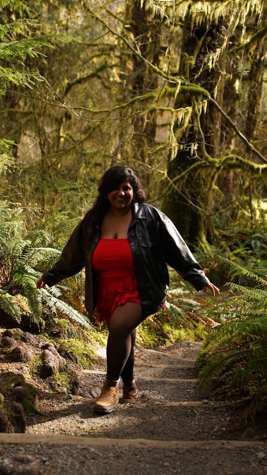 Lakshmi on mossy forest steps